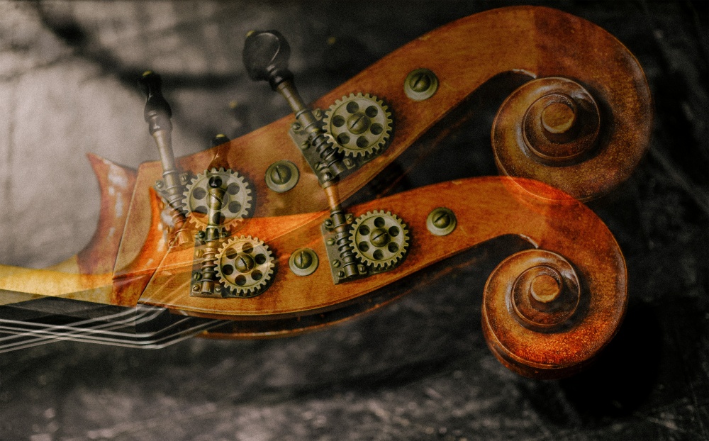 An artistically blurred photograph of the neck of a double bass.