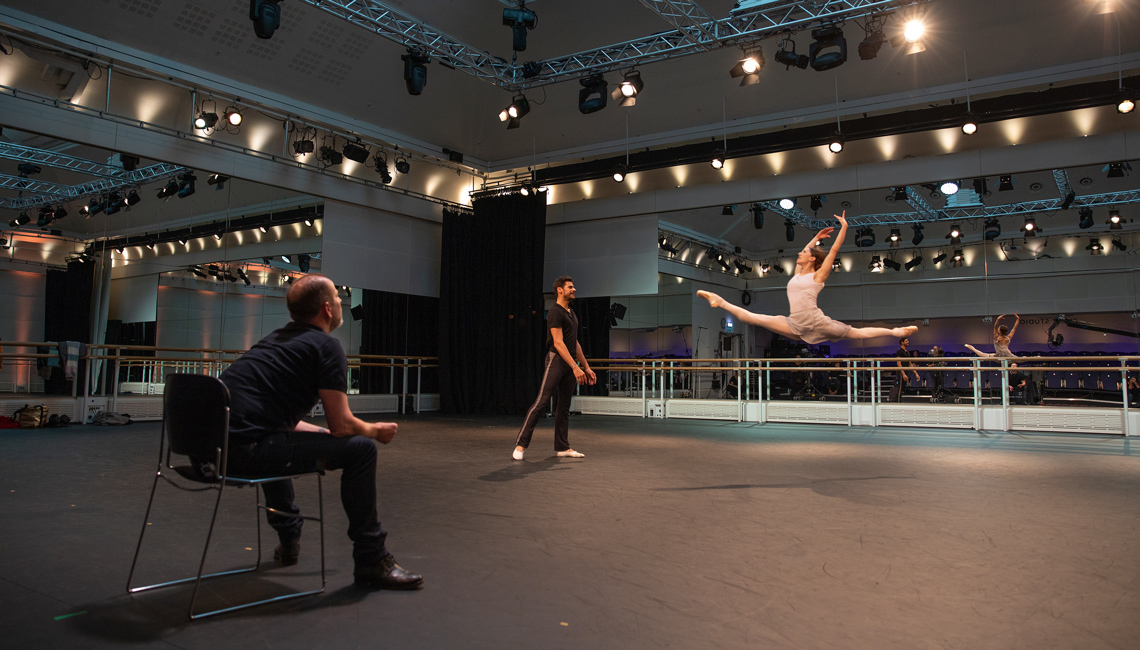 Thiago Soares and Marianela Nuñez with Kevin O'Hare in rehearsal for Winter Dreams, World Ballet Day 2018 ©2018 ROH. Photograph by Andrej Uspenski