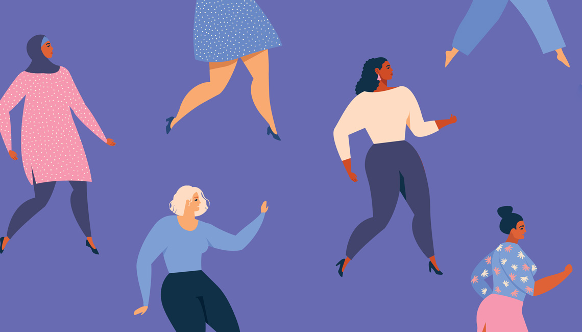 Ethnically diverse group of women illustrated with bright colours against violet background.