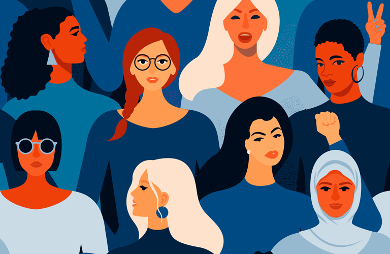 Ethnically diverse group of women illustrated with bright colours.